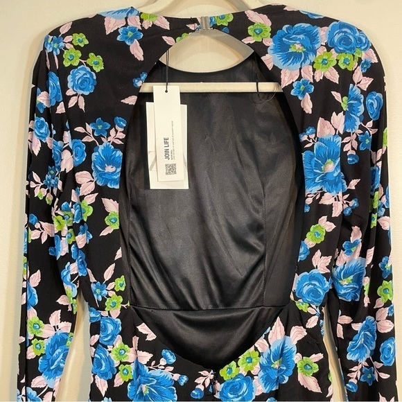 NWT Zara Floral Mini Long Sleeve Open Back Blue Black Dress Size Womens Medium - Picture 6 of 9